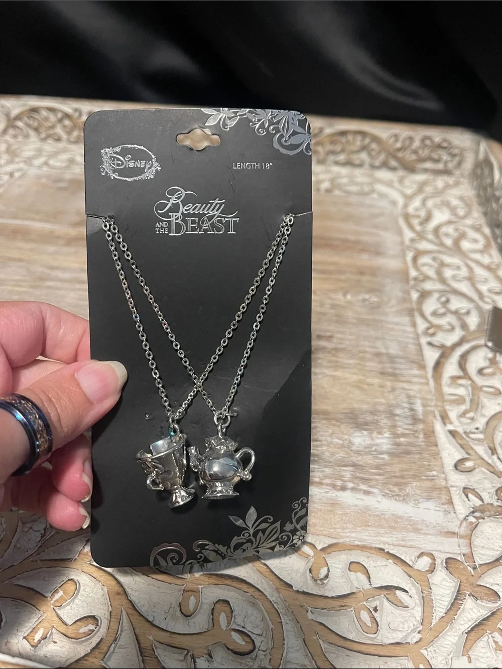 Disney Silver Beauty and the Beast Mrs. Potts & Chip Double Pendant Necklace